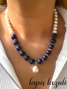 Elegant Lapis & Faux Pearl Beaded Necklace, Handmade Personalized Jewelry Birthday Gift For Women