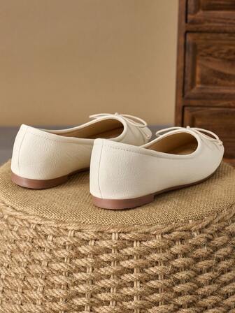 WHDXY 1 双女士平底鞋，白色蝴蝶结软皮方头一脚蹬休闲乐福鞋，百搭通勤鞋