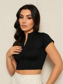 SUPLEX SHORT SLEEVE ZIPPER CROPPED TOP Simple Casual Cute Zipper - 黑色 - 查看 3