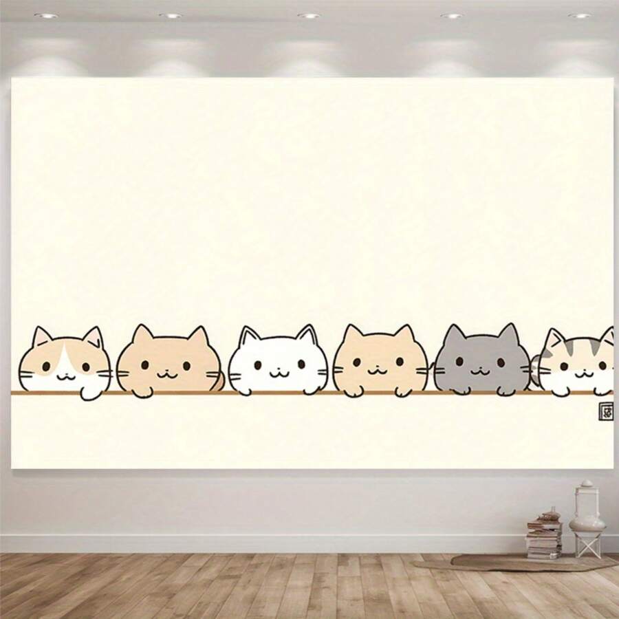 1pc Cute Cat Line Party Banner -5 Adorable Cat Illustrations, Mixed Colors, Perfect For Home, Room, Wall Decoration, And Photo Props - Perfect For All Seasons - Multicolor - View 1