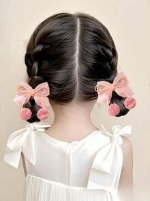 2pcs Girls' Cute Embroidered Pom Pom Double Bow Hair Clips, Suitable For Daily Matching - Bow Hairpin - View 4