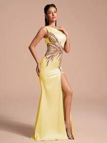 Elegant Long Slit Sequin Floral Party Dress, Prom Dress