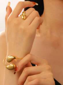 2pcs/Set Elegant Stainless Steel Smooth Water Drop, Starfish, Shell, Snake Geometric Multi-Element Bracelet And Ring Jewelry Set, Fashion Jewelry Gift For Women, Summer Beach