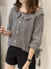 Peter Pan Collar Plaid Bowknot 3/4 Sleeve Off Shoulder Elegant Tie-Up Blouse