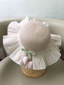 2 Pieces Hat And Bag Set, Fresh And Simple Tulip Lace Edge, Versatile Casual Shoulder Messenger Bag Niche Design Outing Bag, Very Suitable For Spring And Summer Parent-Child Summer, Vacation And Beach, Very Suitable For Music Festivals, Very Suitable For Beach Vacations, Travel, Shopping And Holiday Necessities Daily Travel, - Small Fresh Two Piece Set - View 3