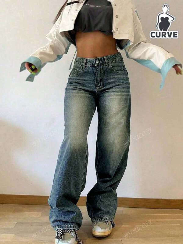 Jeans dritti a vita elastica, modello semplice e vintage, per donna