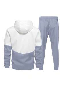 1 套男士休闲运动字母印花连帽夹克和抽绳裤，春秋季 - 灰色 - 查看 3