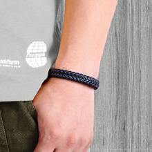 1pc Men's Solid Black Genuine Leather Punk Woven Leather Bangle Bracelet