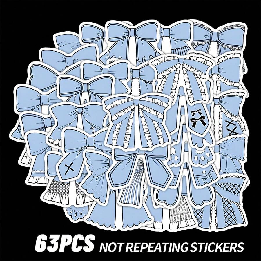63pcs Blue Bowknot Series Journal DIY Stickers, Non-Repetitive Sticker Pack, Notebook Laptop Student Reward Waterproof Stickers, Free To Unleash Creativity - Multicolor - View 1