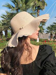 Sombrero de paja con ala ondulada, sombrero de sol de verano de moda con lazo decorativo, ala ancha para playa y vacaciones, para mujer