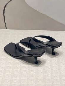 法式女式高跟凉鞋，夏季新款皮革密趾细高跟鞋，踝带小猫跟人字拖 - 黑色 - 查看 2