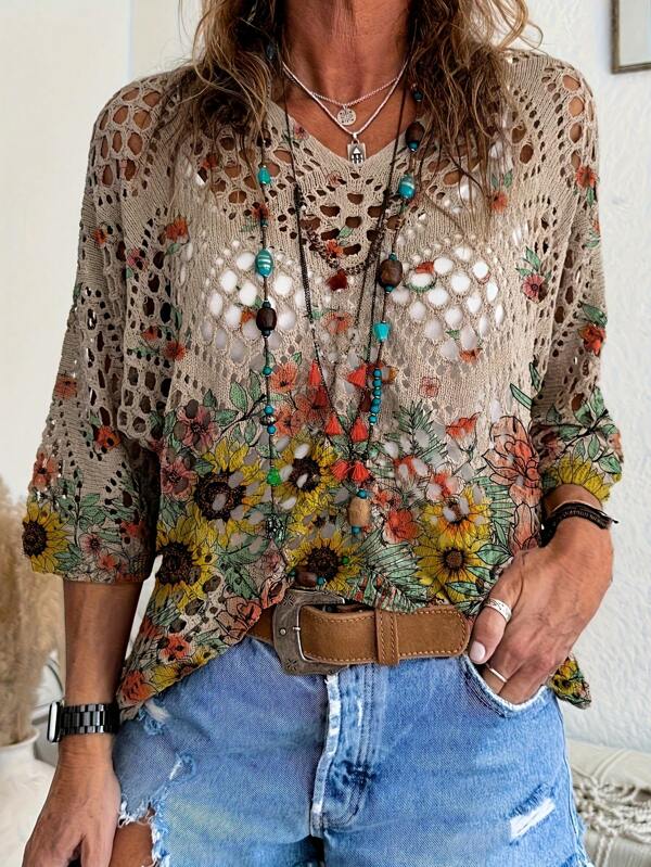 Women's Floral Print V-Neck Hollow Out Loose Knit Top With Dolman Sleeves