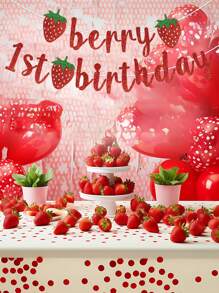 1set Red Strawberry Style Pull Flag, Fresh Strawberry Style Birthday Paper Banner, Birthday Party Decoration, 1st Birthday Decor, Babe Shower Decor Gender Reveal Decor, Home Decor Room Decor, Wall Decor, Party Decor, Party Favor, Backdrop Decor, Background Decor Party Accessories, Photo Props