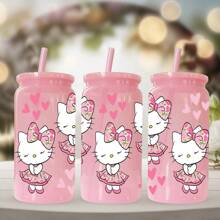 Sanrio 1 pieza Botella de agua de plástico rosa de 16 oz con estampado de Hello Kitty de Sanrio, adecuado para café, bebidas, cerveza, leche, jugo, un gran regalo de hidratación de verano para ella (con pajita reutilizable)