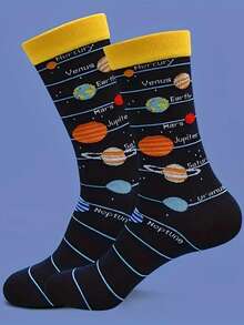1 Pair Of Cartoon Planet Autumn And Winter Simple Men's Crew Socks,The Best Gifts For Boyfriends And Girlfriends, Gifts For Halloween And Christmas, Novel And Interesting Gifts For Fathers, Daughters, Grandfathers, Essential Socks For Shopping, Hiking, Sports, And Travel - Multicolor - View 1