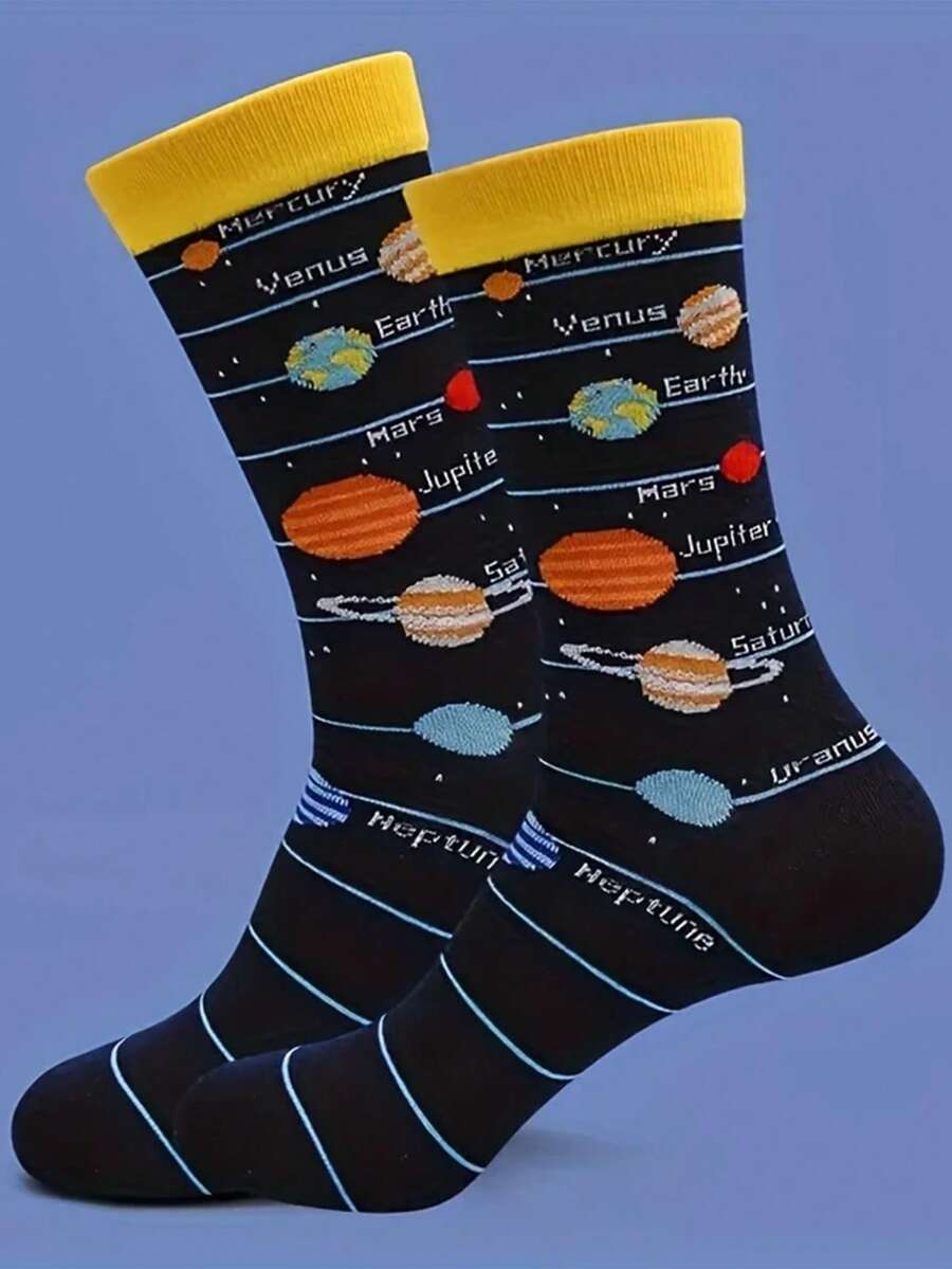 1 Pair Of Cartoon Planet Autumn And Winter Simple Men's Crew Socks,The Best Gifts For Boyfriends And Girlfriends, Gifts For Halloween And Christmas, Novel And Interesting Gifts For Fathers, Daughters, Grandfathers, Essential Socks For Shopping, Hiking, Sports, And Travel - Multicolor - View 1