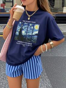 1 pieza Camiseta de manga corta con patrón de estrella para niña preadolescente, ropa juvenil cómoda y de moda, Top de verano para niñas