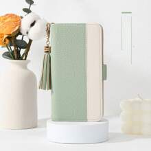 Fashionable Tassel Patchwork Phone Case, Notebook-Style Smart Phone Case, Card Storage Design, Perfect For Women & Men, Multi-Function Phone Case With Stylish Appearance, Wallet-Style Shock Absorbing Function, Memo Pad Phone Case, Wallet-Style, Elegant Gift, Anti-Fall, Card Storage Stand Function, Minimalist & Fashionable, Full-Protection Stand, PU Leather Smart Phone Case, Birthday Gift, New Year Gift, Mother's Day Gift