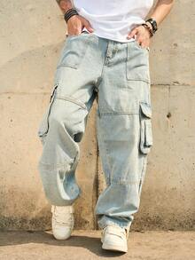 Vintage Washed Multi-Pocket Cargo Jeans For Men, Loose Wide Leg Baggy Distressed Long Pants, - 淺色水洗藍 - 查看 3