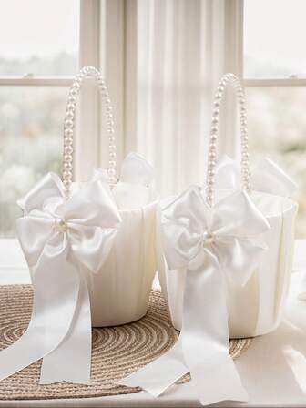 1 件蝴蝶结仿珍珠婚礼花篮 - 白色蝴蝶结花篮，缎带花篮，适用于婚礼派对装饰，装饰礼物