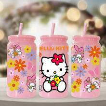 Sanrio 1 pieza Botella de agua de plástico rosa de 16 oz con estampado de Hello Kitty de Sanrio, adecuado para café, bebidas, cerveza, leche, jugo, un gran regalo de hidratación de verano para ella (con pajita reutilizable)