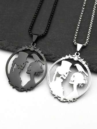 哥特式新娘和新郎不锈钢骷髅乌鸦吊坠项链男女款黑色相框情侣首饰派对礼物