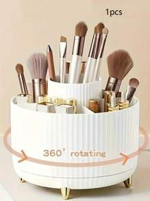 1pc 360° Rotating Cosmetic Storage Box - 1 Piece Plastic Makeup Organizer With 5 Compartments, Suitable For Brushes, Lipsticks, Skin Care Products And Stationery - Odorless Desktop Storage Box, Luxury Striped Design Home Bathroom Decor Bathroom Accessories Bathroom Organizer Summer Back To School
