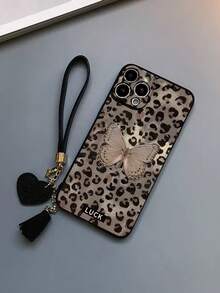 Fall Phone Case 1pc Leopard Print Butterfly Painted Thick Anti-Drop Protective Phone Case, Includes New Leather Heart-Shaped Wrist Strap DIY Phone Case Pendant, Short Wristband Accessory,International Version, Not The Domestic Version - Multicolor - View 5