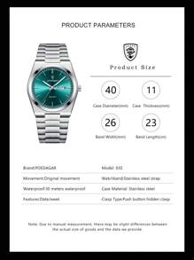 1pc Fashion Waterproof Luminous Stainless Steel Watch For Man With Date Week Display Casual Quartz Men's Watches Suitable For Daily Wear Male Wristwatch+Box