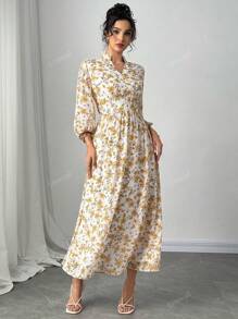 Nuovo arrivo Abito elegante da donna con stampa floreale, manica a lanterna/scollo a V/linea A, primavera/estate