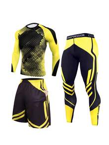 3-częściowy zestaw odzieży sportowej dla mężczyzn - spodenki sportowe + obcisłe spodnie + koszulka z długim rękawem i okrągłym dekoltem, miękka i wygodna tkanina, odpowiednia do jazdy na rowerze na świeżym powietrzu, biegania, ćwiczeń na siłowni - Żółty - Zobacz 1