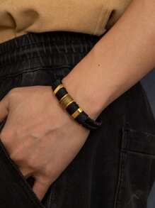 Fashionable Simple Woven Double Layer Leather Cord Bracelet For Men, Magnetic Clasp Leather Wristband Jewelry
