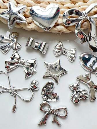 5 件随机银色蝴蝶结 DIY 工艺用品，适用于手机壳、包、发夹、冰箱贴、树脂配件（轻微瑕疵属正常现象）