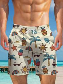 Pantalones cortos de playa informales estampados en 3D con flores hawaianas para hombres de talla grande - Secado rápido, cintura con cordón, perfectos para salidas de verano