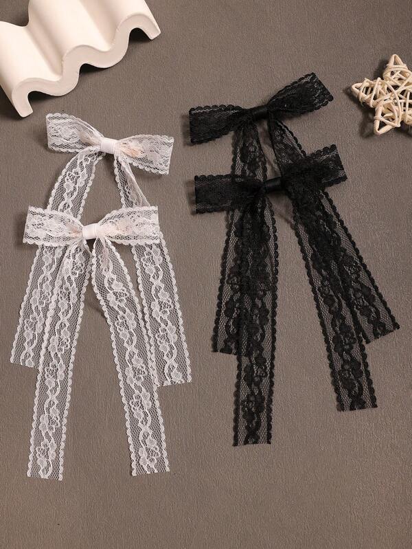 4 pièces/Set Pinces à cheveux avec nœud en dentelle noir et blanc de style japonais mignon, épingles à cheveux latérales pour l'été, accessoires de cheveux, pinces à cheveux, barrettes