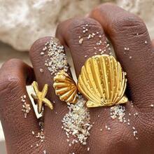 2pcs/Set Personalized Starfish & Shell 18k Gold Plated Stainless Steel Rings, Fashion Jewelry For Women Beach Resort Decoration, Gift