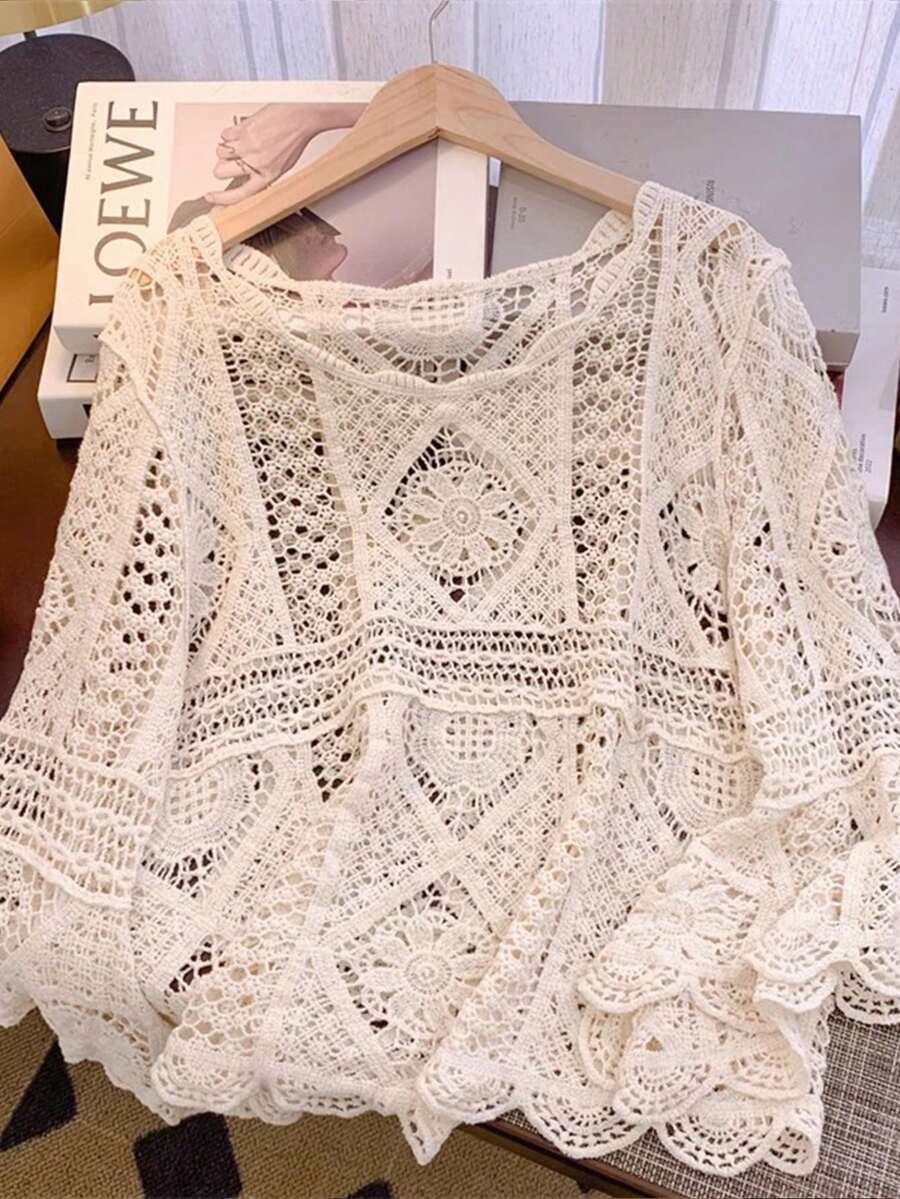 JIANHU Boho Dream Crochet Lace Kimono With 3D Geometric Floral Pattern And Wavy Fringe Hem Featuring Oversized Off Shoulder Design Perfect For Beach Holidays And Cafe Outings Summer - Apricot - View 1