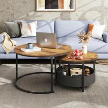 Round Coffee Table Set Of 2 Larger 80CM & 60CM Nesting Tables With Ample Storage, Premium Quality Modern Design For Living Room Or Office, Rustic Brown - RusticBrown - View 2