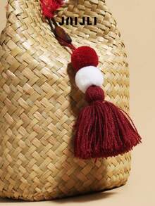 JNIJLI 1 件波西米亚风度假流苏手工草编水桶包、手提包、法式复古编织钱包，通勤、时尚商务休闲、旅行、海滩婚礼、野餐、度假、海滩等各种场合皆宜，是送给女性、母亲、教师、朋友、伴娘的最佳礼物，配有流苏吊饰