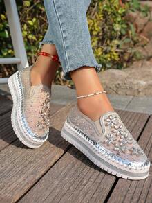 Spring/Summer Elegant Rhinestone Flower Decor Mesh Flat Shoes For Women, Comfortable Breathable Party/Vacation Walking Casual Sneakers, Beige Beach Wedding Fashion Slip-On Shoes, Autumn - 米色 - 查看 3