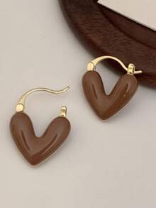 一对简约滴油心形耳环，优雅精致，适合日常穿着 - 咖啡 - 查看 7