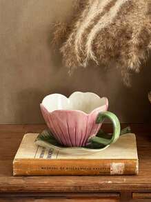 1pc Embossed Tulip Design Ceramic Cup & Saucer Set, Creative, Personalized, Coffee/Latte Cup Set, French Retro Style, High-End Delicate Gift For Women, Mother's Day Present Back To School