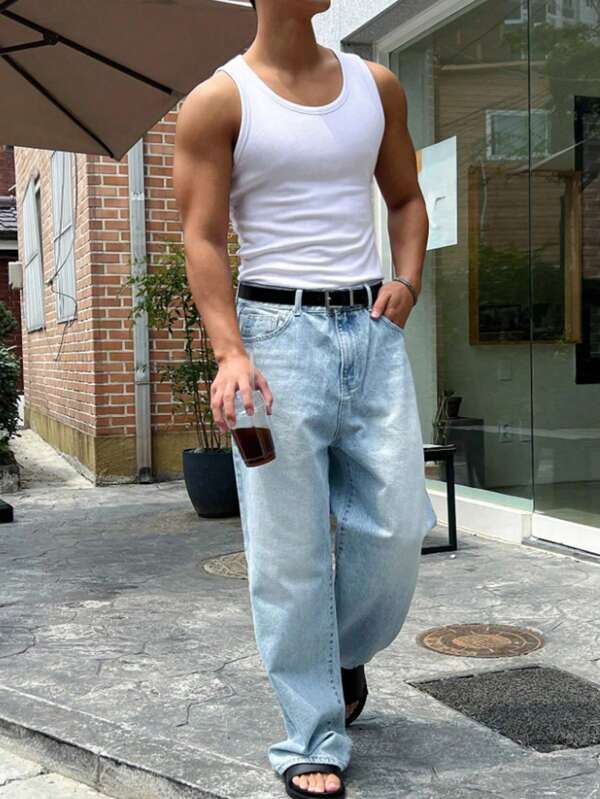 Vintage Men's Casual Street Sexy Slim Fit Solid Color Ribbed Sleeveless Tank Top, Spring/Summer