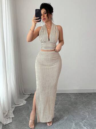 abyoxi 杏色条纹性感深 V 领露背系带短款背心上衣和修身褶皱侧开衩长裙时尚两件套，通勤休闲优雅，度假沙滩装，夏季新款女装