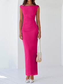 Women Elegant One Shoulder Mesh Maxi Dress Maxi Dress Summer Sleeveless Ruched Slit Back Bodycon Dress Formal Cocktail Wedding Guest Night Out Evening Valentine's Day Long Maxi Dress - Màu Hồng Tươi - Xem 4