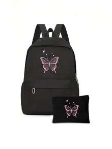 Butterfly Print Large Backpack, Suitable For Teenage Girls, Fashion Black Backpack For Teenagers Classic Long Zipper Wallet, Large Capacity Zipper Wallet (Color And Style Random) Back To School Laptop Bag With Pencil Case, Fashion Backpack With Pencil Case Back To School Laptop Bag With Pencil Case, Fashion Backpack With Pencil Case - Black - View 3