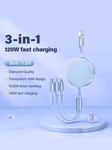 Durcord Kabel do szybkiego ładowania 3 w 1 i chowany kabel 120 W, ładowarka samochodowa, kompatybilna z popularnymi markami, takimi jak Vivo/OPPO, i zintegrowana z interfejsami IOS/Android/Type-C - szybka i bezpieczna przenośna ładowarka do telefonów, tabletów i laptopów - certyfikat MFI, kabel zapewniający doskonałą trwałość, kompaktowa i lekka konstrukcja