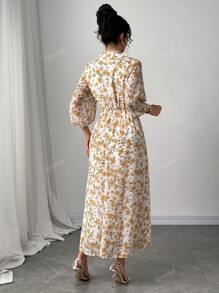 Nuovo arrivo Abito elegante da donna con stampa floreale, manica a lanterna/scollo a V/linea A, primavera/estate