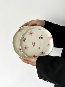 1pc/2pcs/4pcs Ins风格可爱樱花陶瓷餐盘，手绘釉下彩樱花盘，西餐盘，牛排意面盘，下午茶甜品盘，蛋糕水果盘，蔬菜沙拉盘，家用菜盘，咖啡厅酒店餐盘 - 彩色 - 查看 1