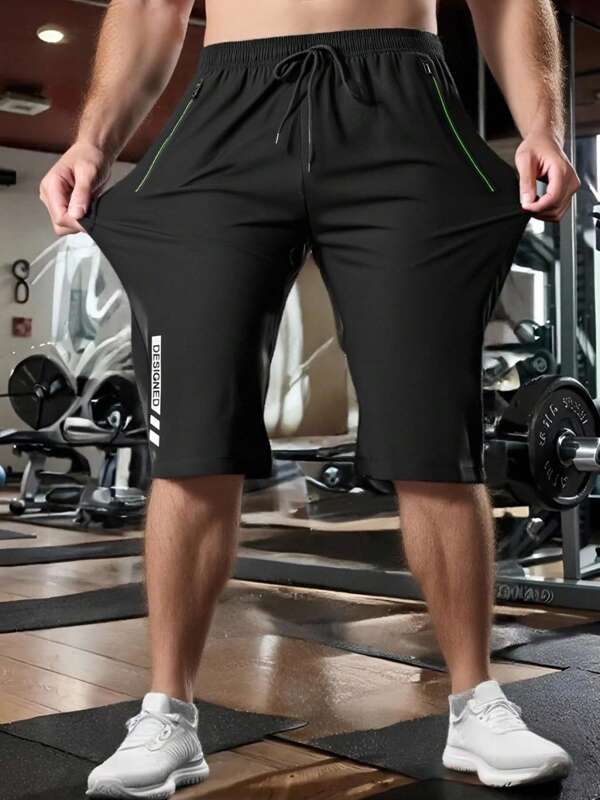 Men's Summer Drawstring Waist Zipper Pocket Casual Sports Running 3/4 Length Shorts